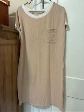 Beige Ribbed Midi Dress with White Trim and Chest Pocket